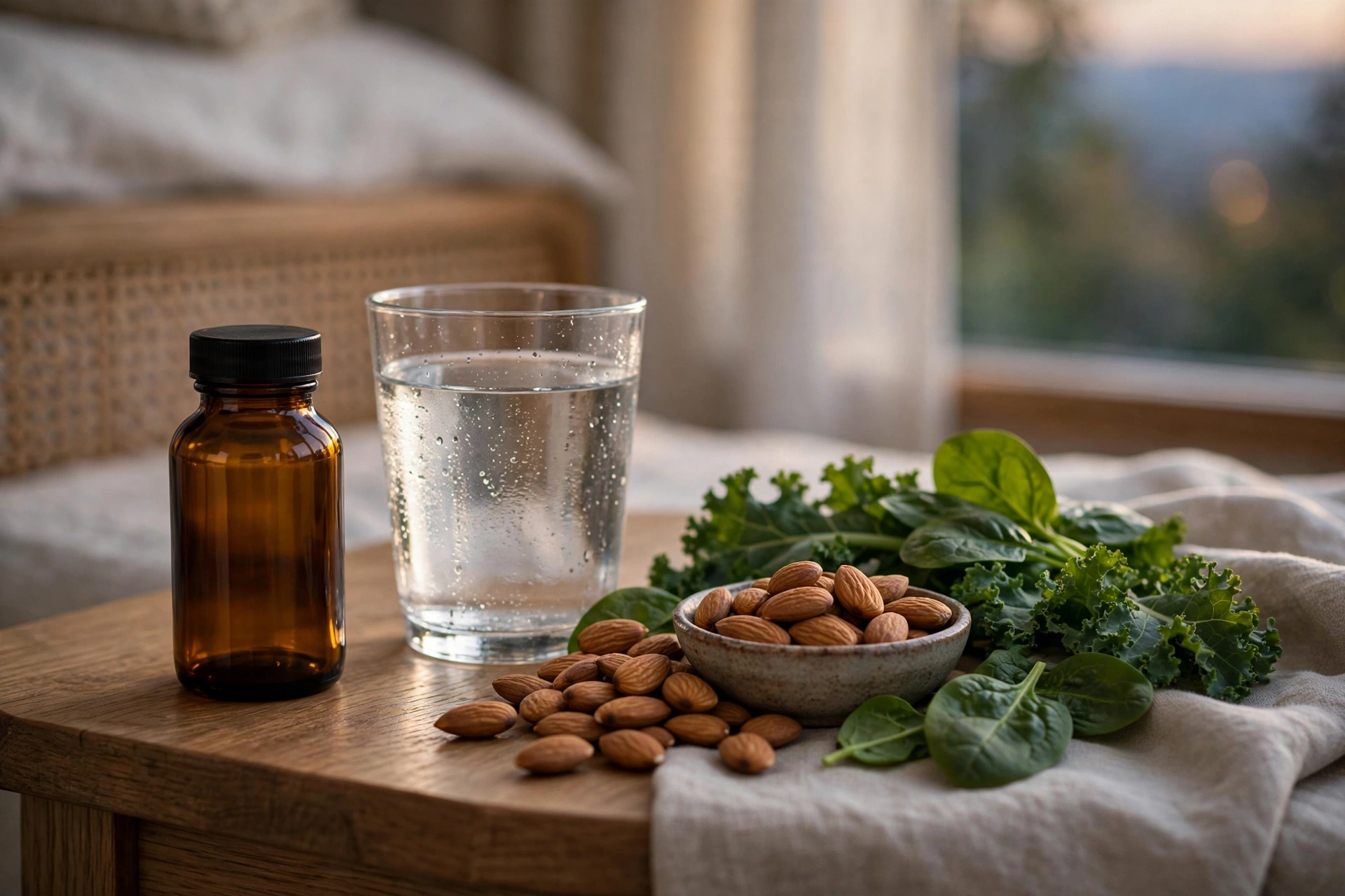 An unlabelled amber supplement bottle beside a glass of water, almonds and leafy greens on a bedside table