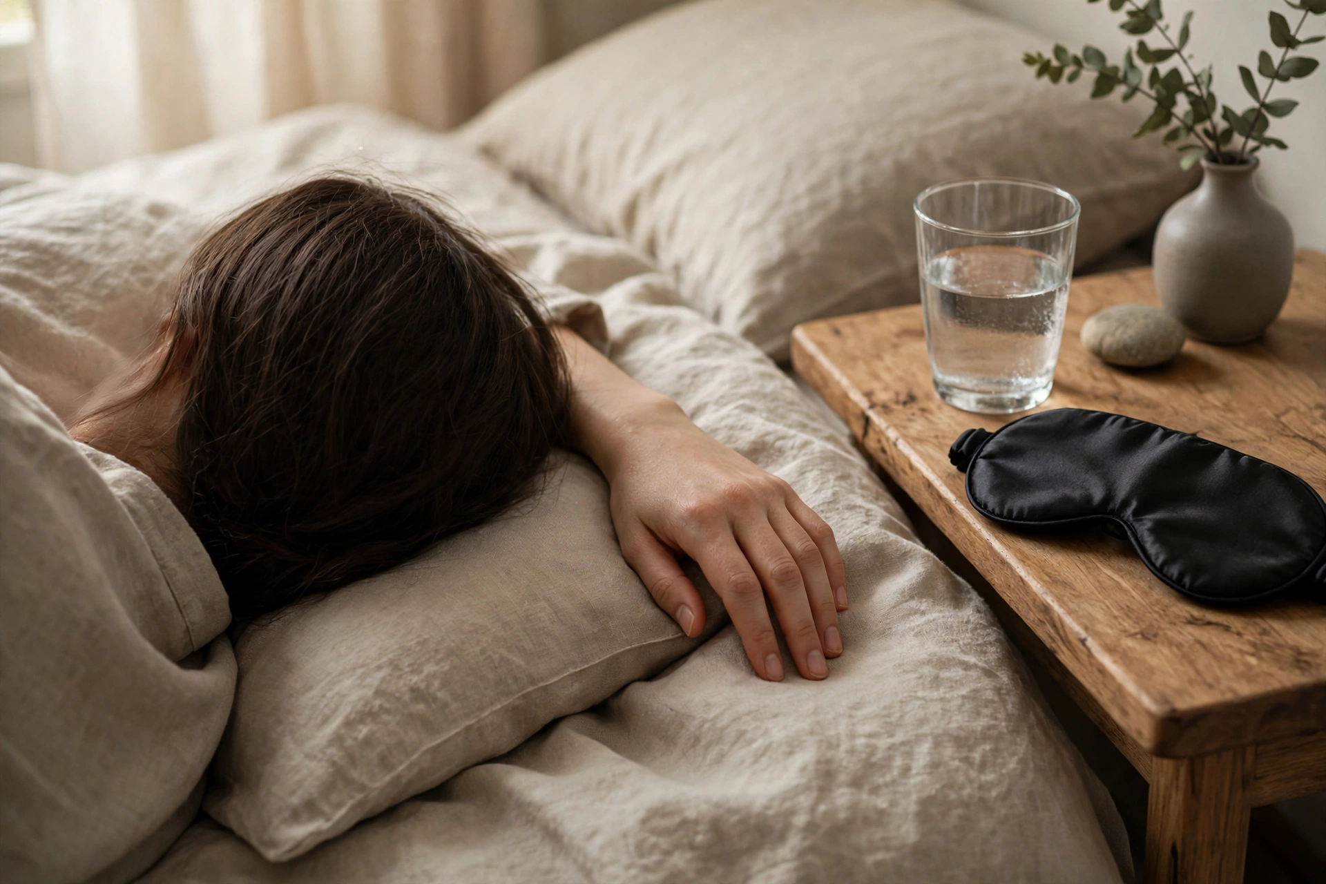 A calm person resting with eyes closed beside a glass of water and a sleep mask on a bedside table in soft light