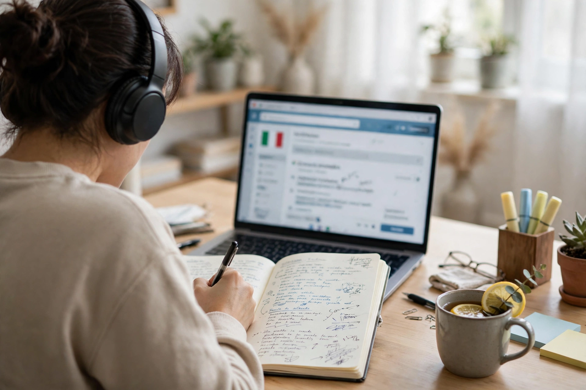 A person learning Italian at home with headphones, an open notebook and a laptop on a tidy desk