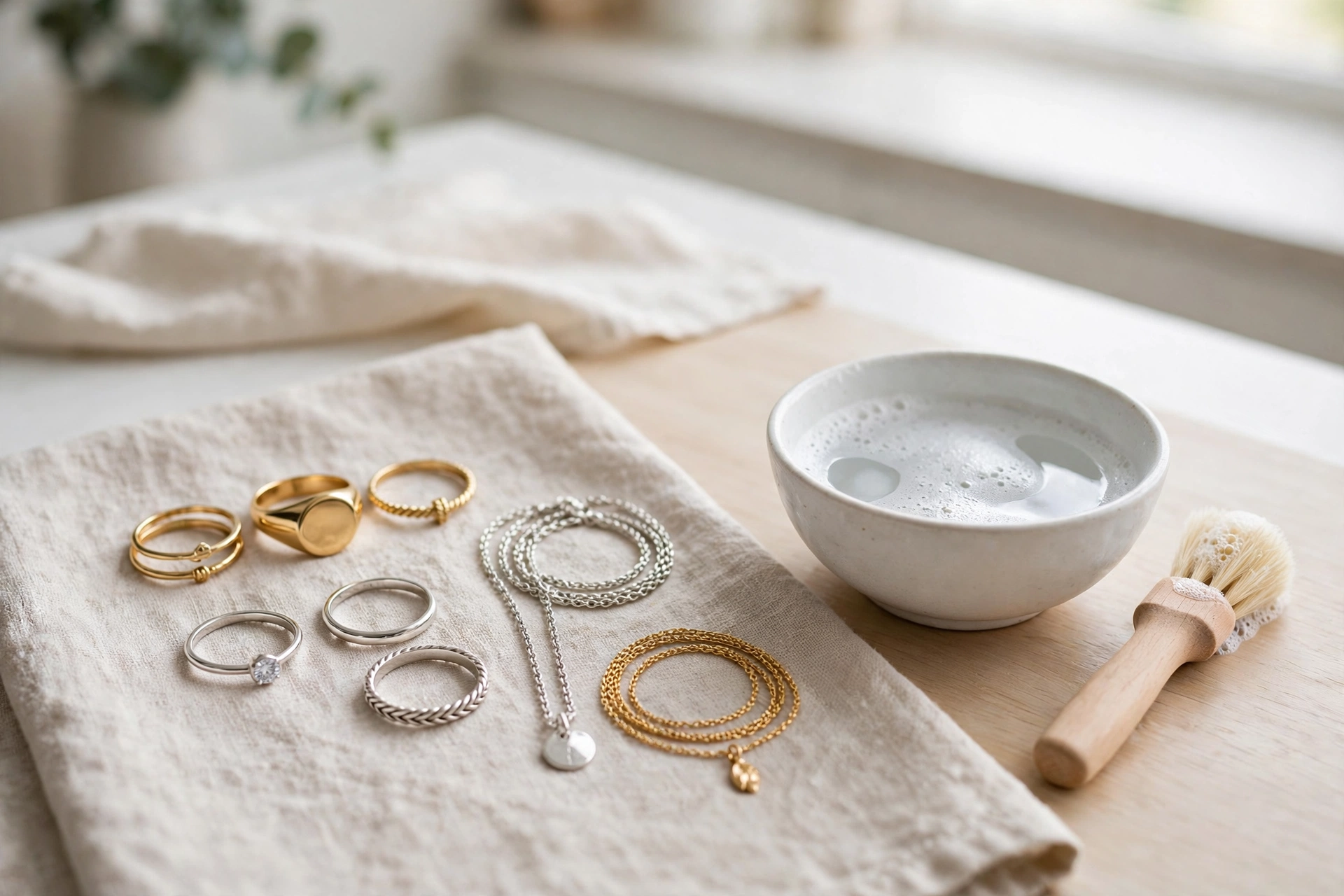 Gold and silver jewelry arranged neatly beside a small bowl of soapy water and a soft brush on a clean table