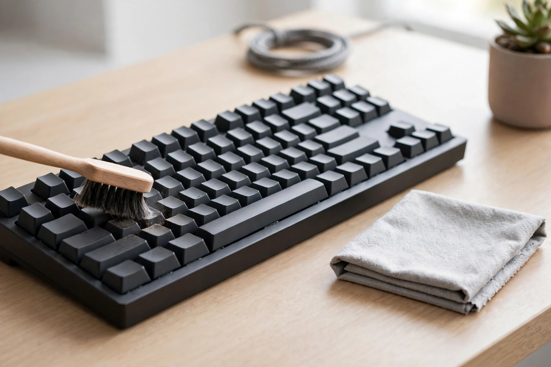 A mechanical keyboard being cleaned with a small brush and a microfibre cloth on a tidy desk