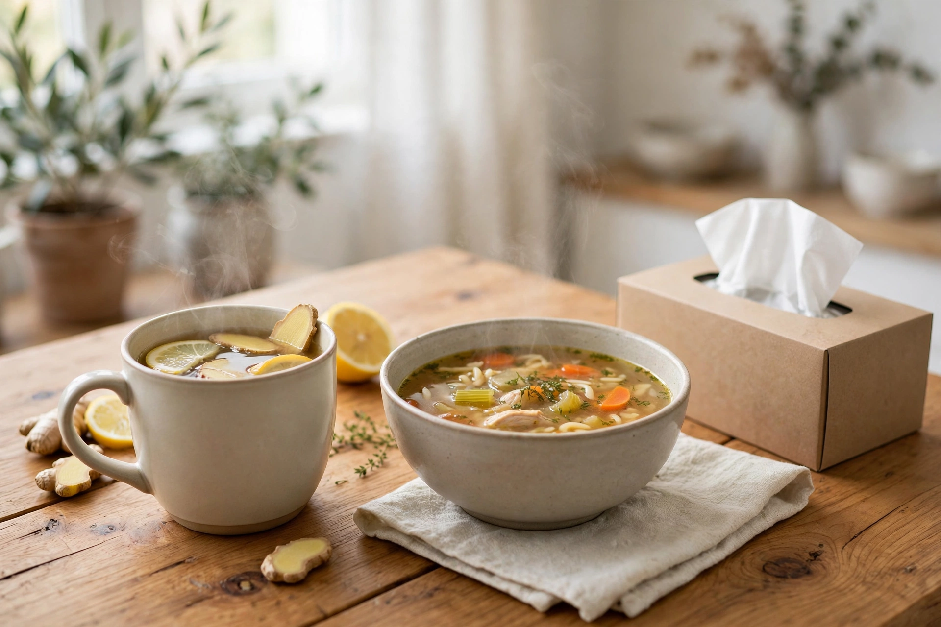 A steaming cup of herbal tea with ginger and lemon beside a bowl of warm soup on a wooden table