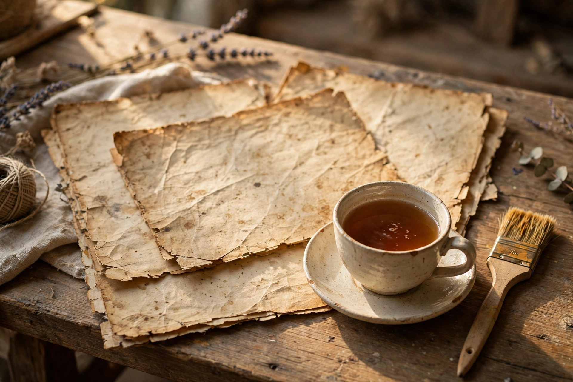 Aged vintage-style paper sheets, a teacup and a paintbrush on a wooden craft table in warm light