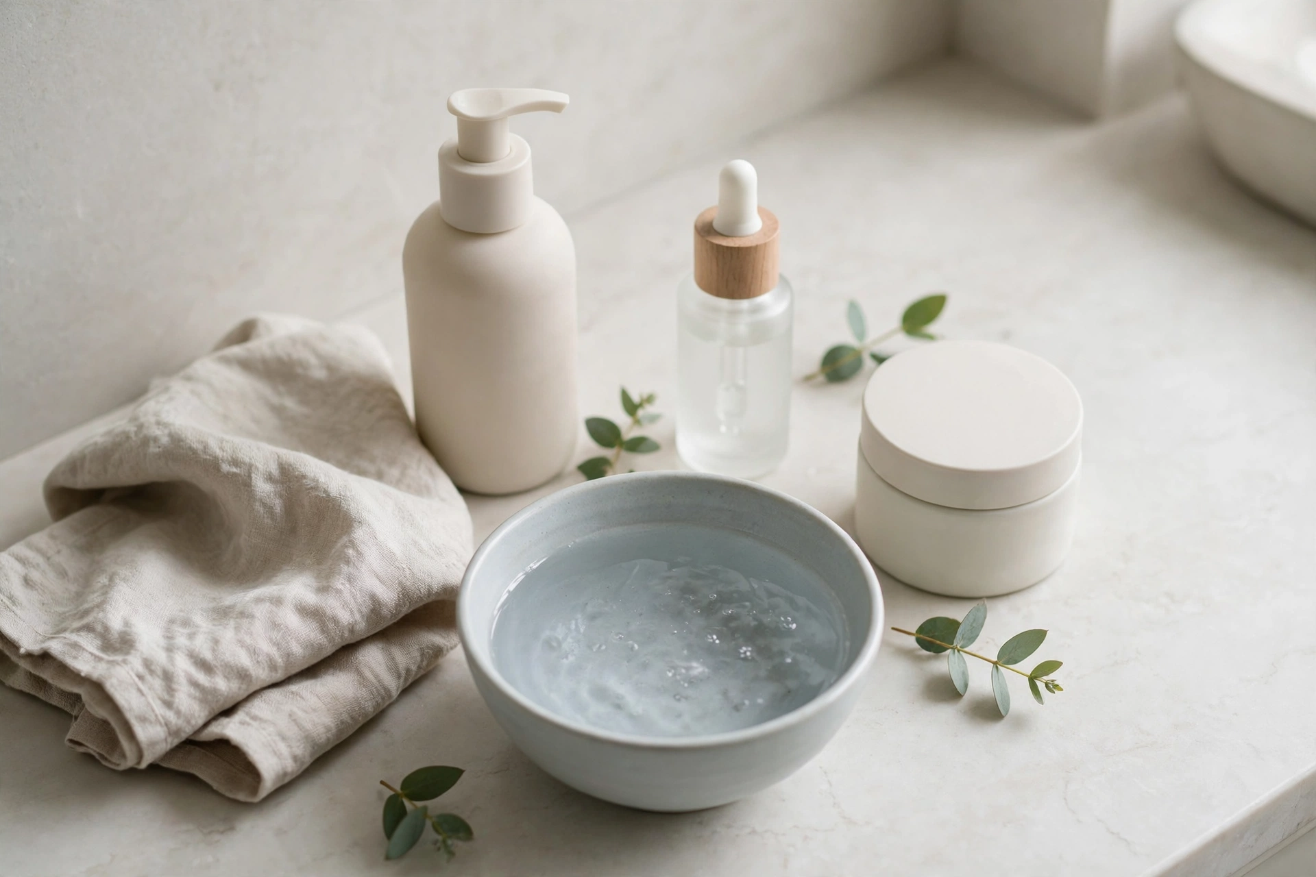 Gentle skincare products, a soft cloth and a small bowl of cool water on a clean bathroom counter in soft natural light