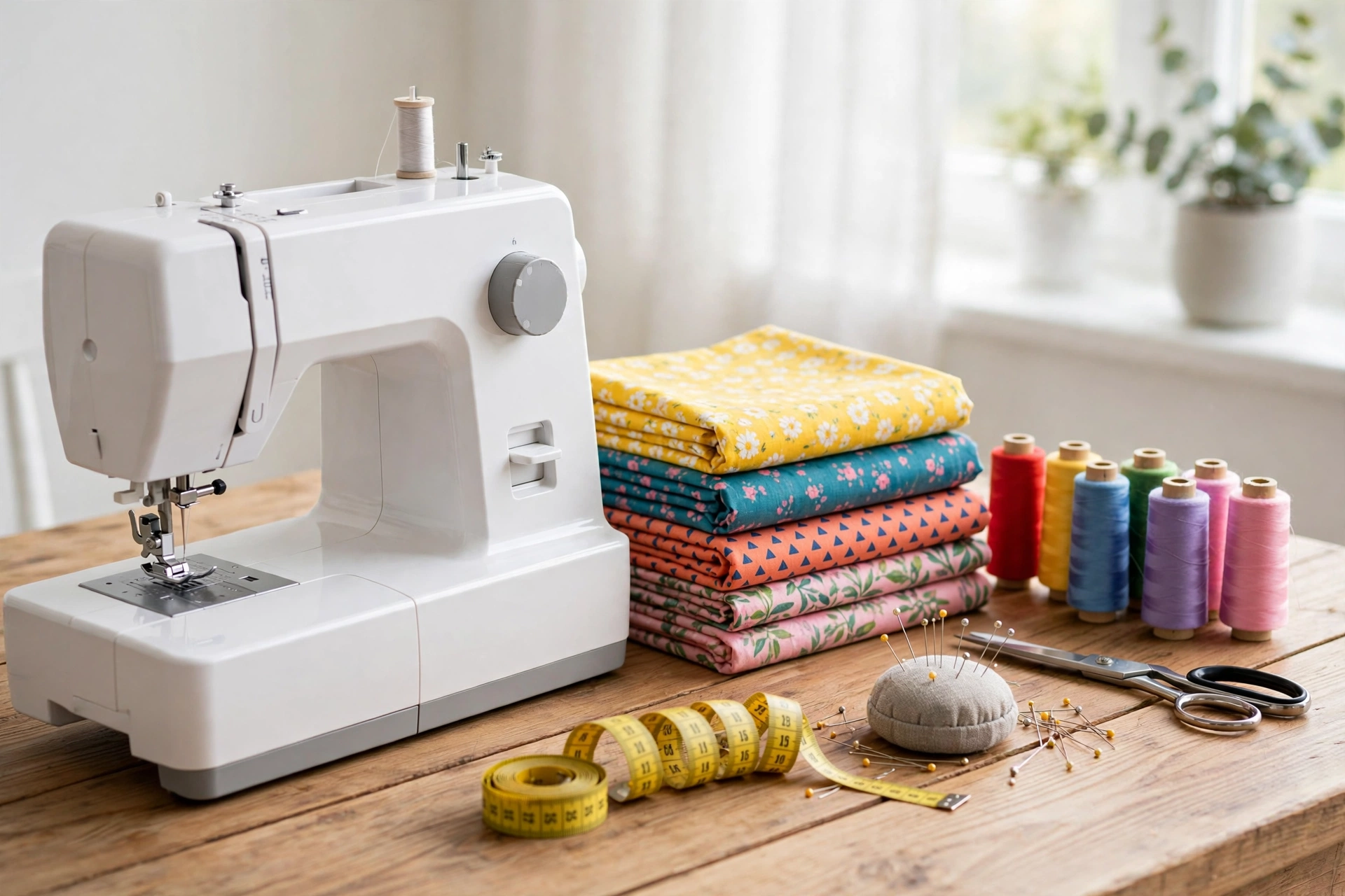 Beginner sewing supplies on a wooden table including a sewing machine, cotton fabric, scissors, pins, thread and measuring tape