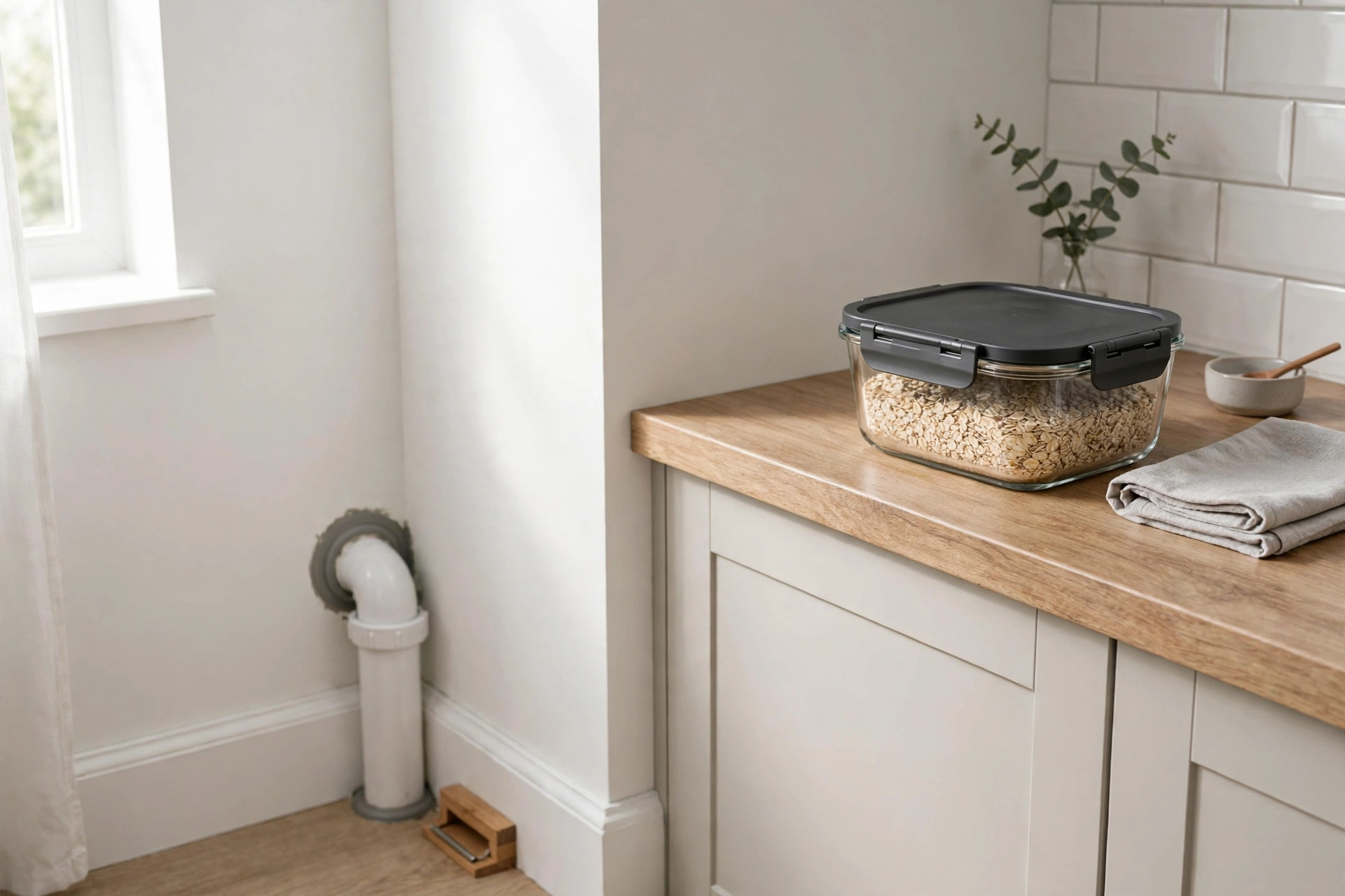 A tidy kitchen counter with food stored in a sealed glass container and a small trap placed along the skirting board