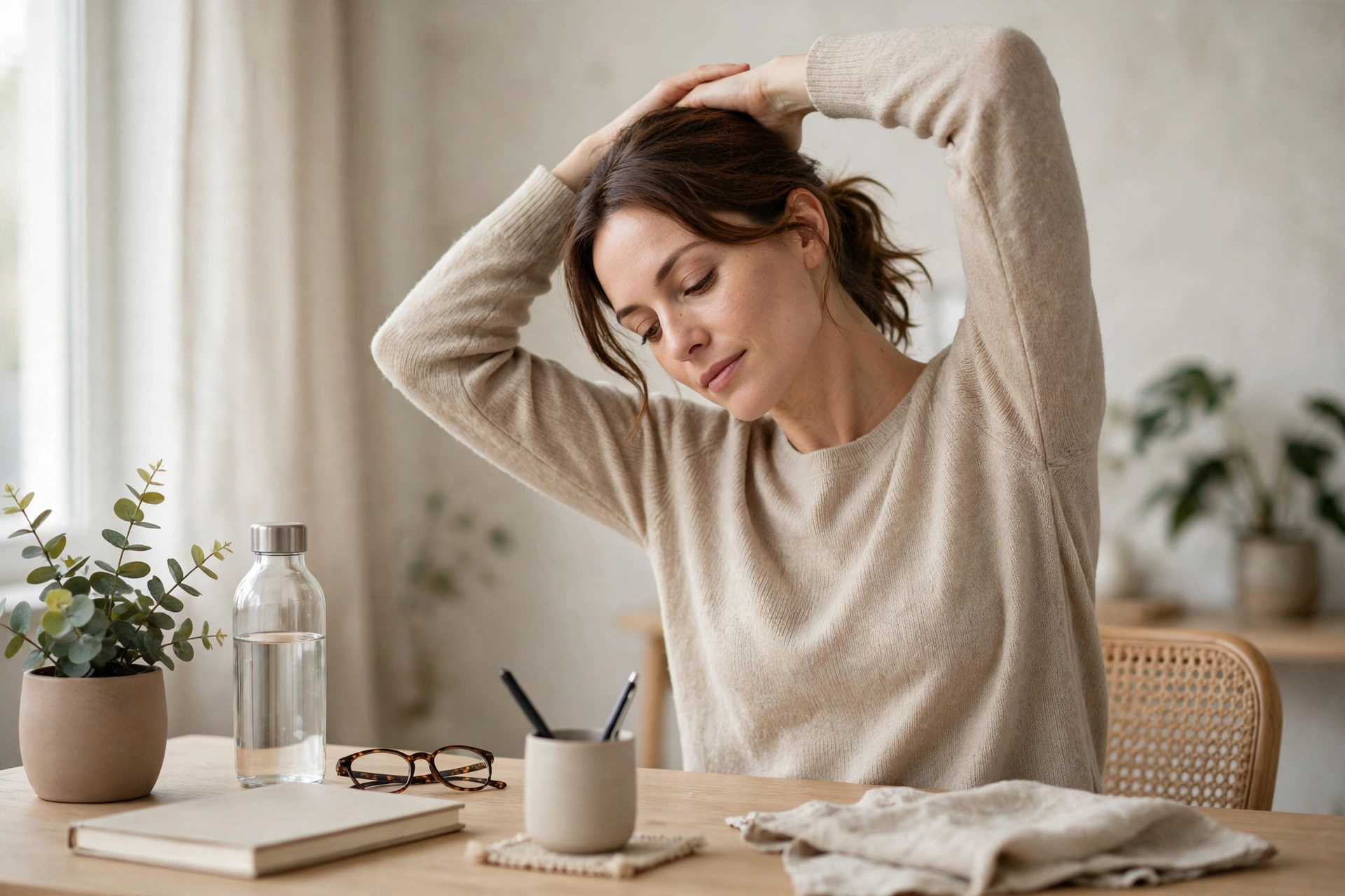 A person stretching tight neck and shoulder muscles at a desk