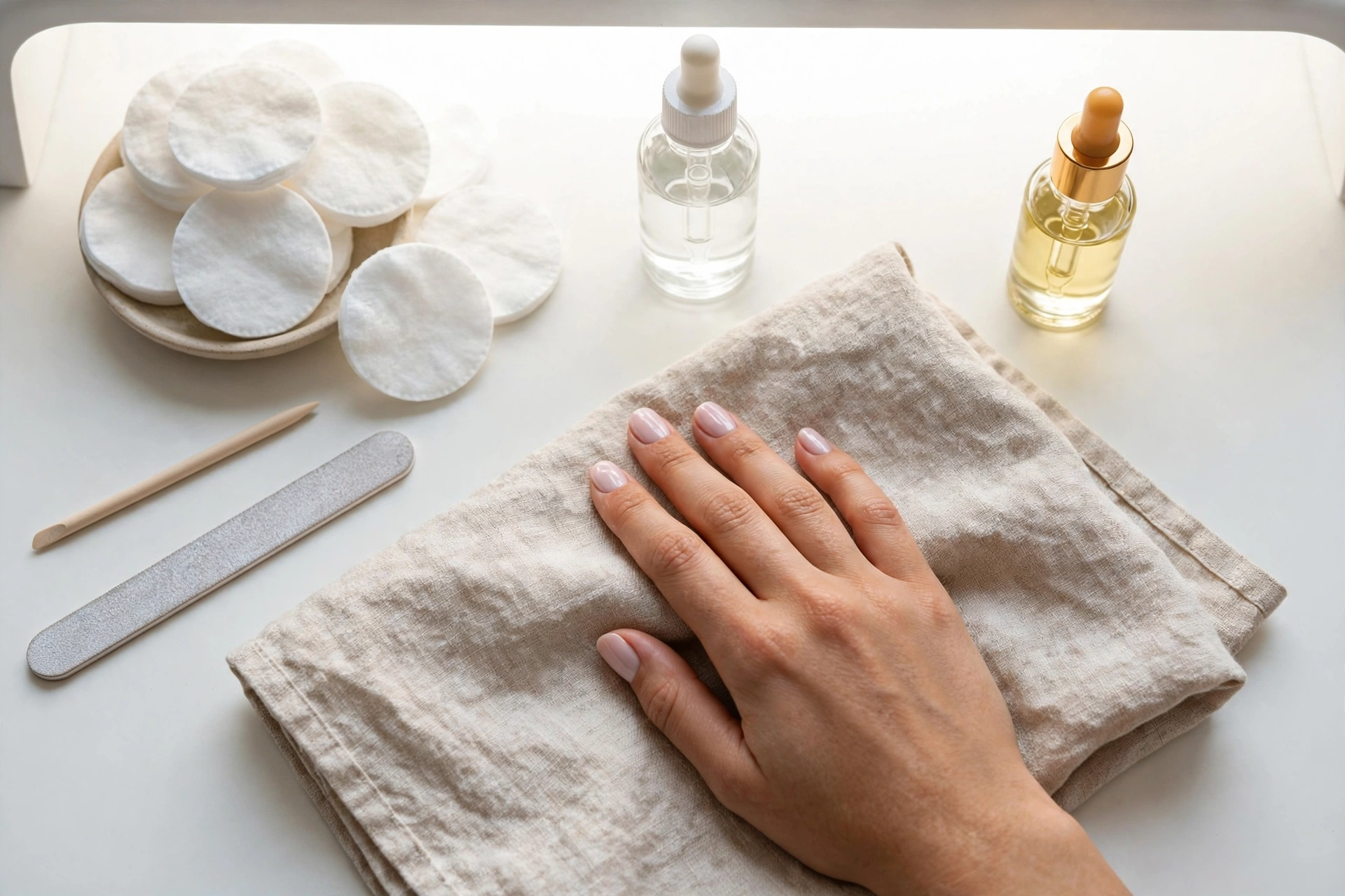 Cotton pads, cuticle oil and a freshly manicured hand resting on a towel on a light table