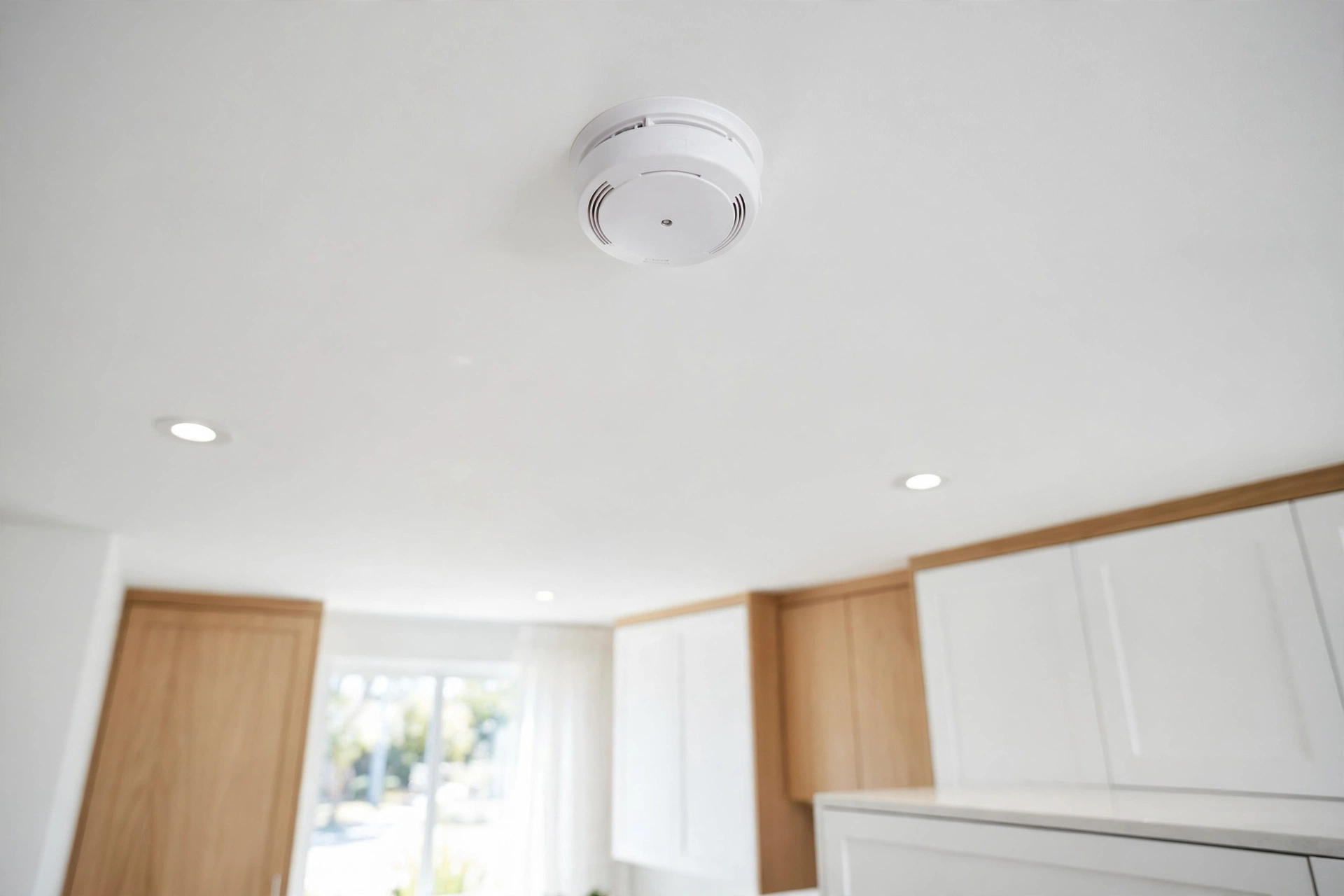 A white smoke alarm mounted on a bright kitchen ceiling