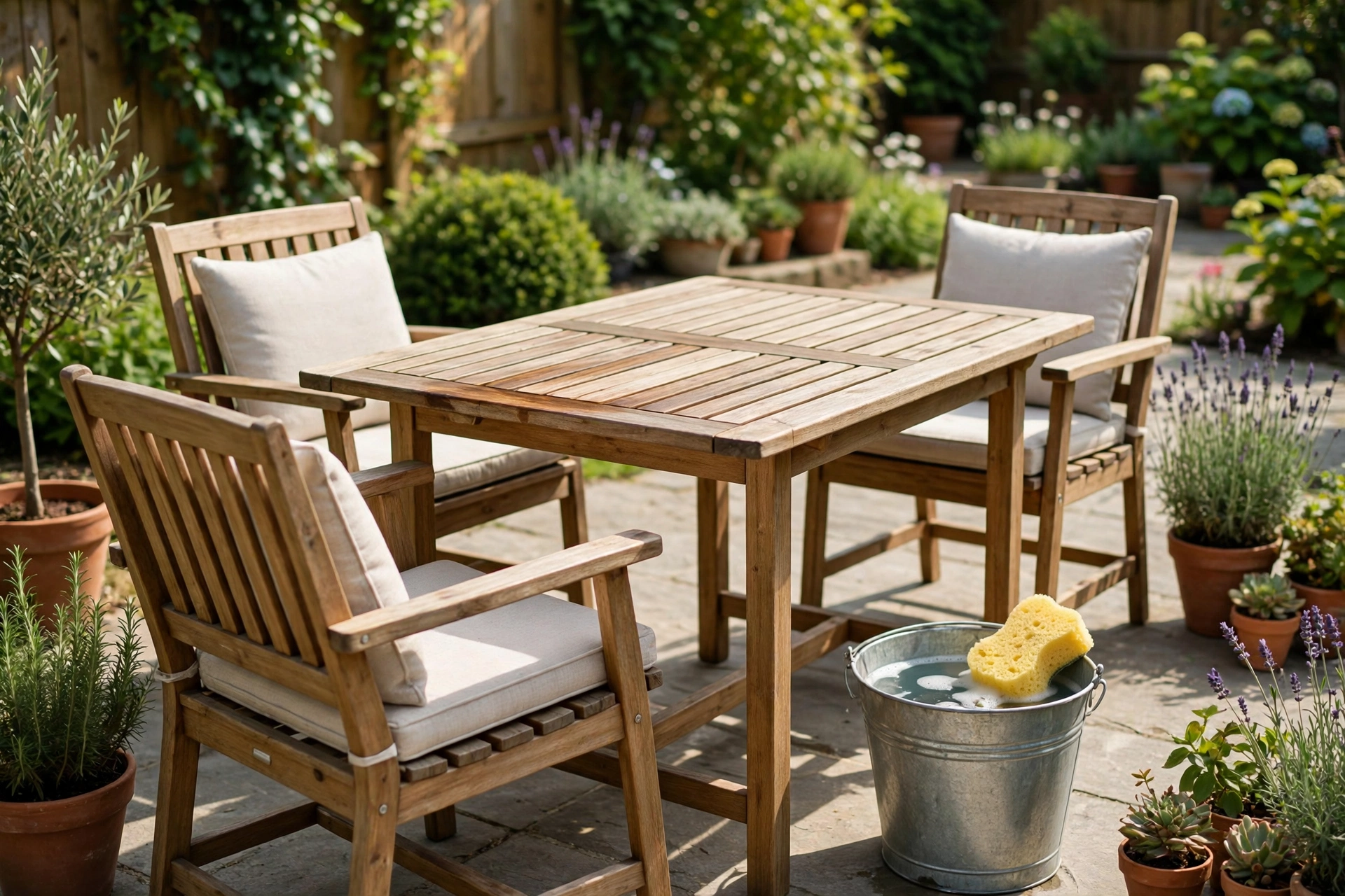 Clean wooden outdoor chairs and table on a sunny patio beside a bucket and sponge