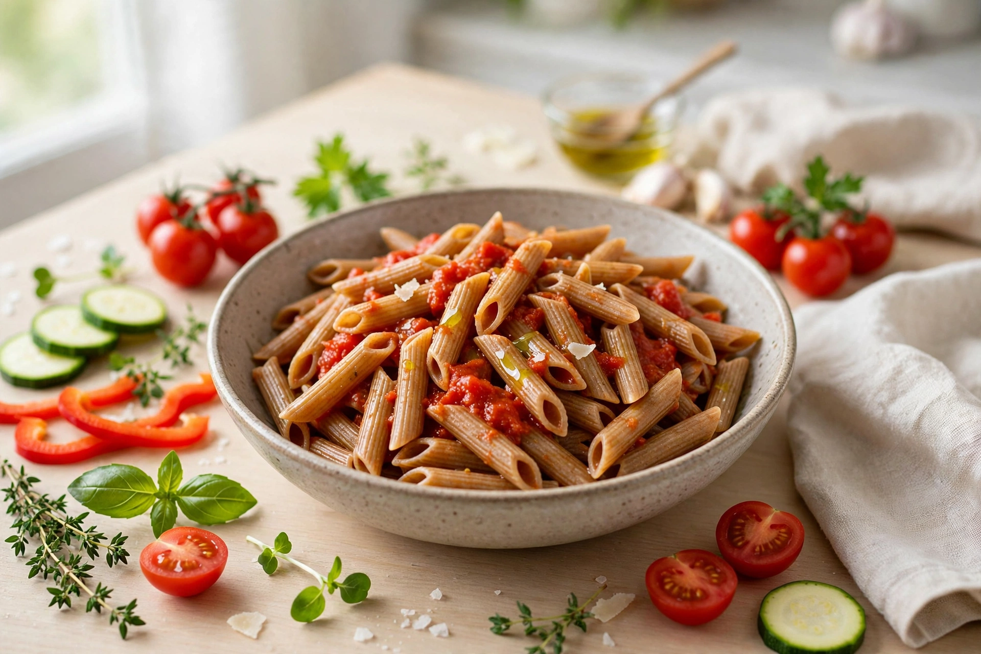 A bowl of whole-grain pasta with tomato sauce, fresh vegetables and herbs on a bright kitchen table