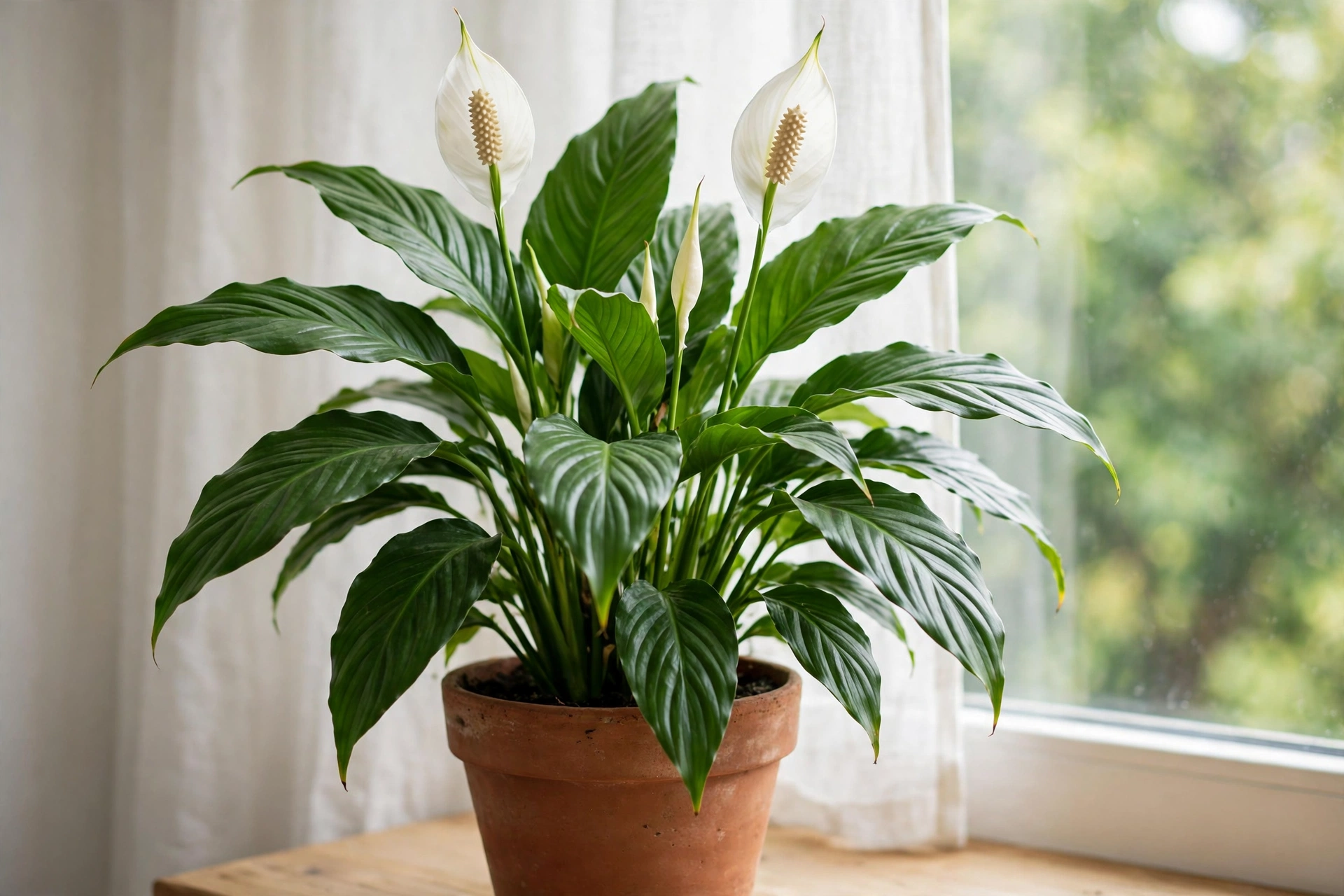 A healthy green peace lily with white flowers in a terracotta pot by a bright window