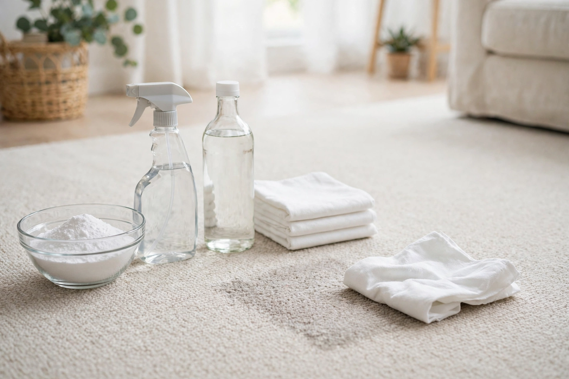 Natural pet stain cleaning supplies on a carpet, including a spray bottle, baking soda, vinegar and clean white cloths