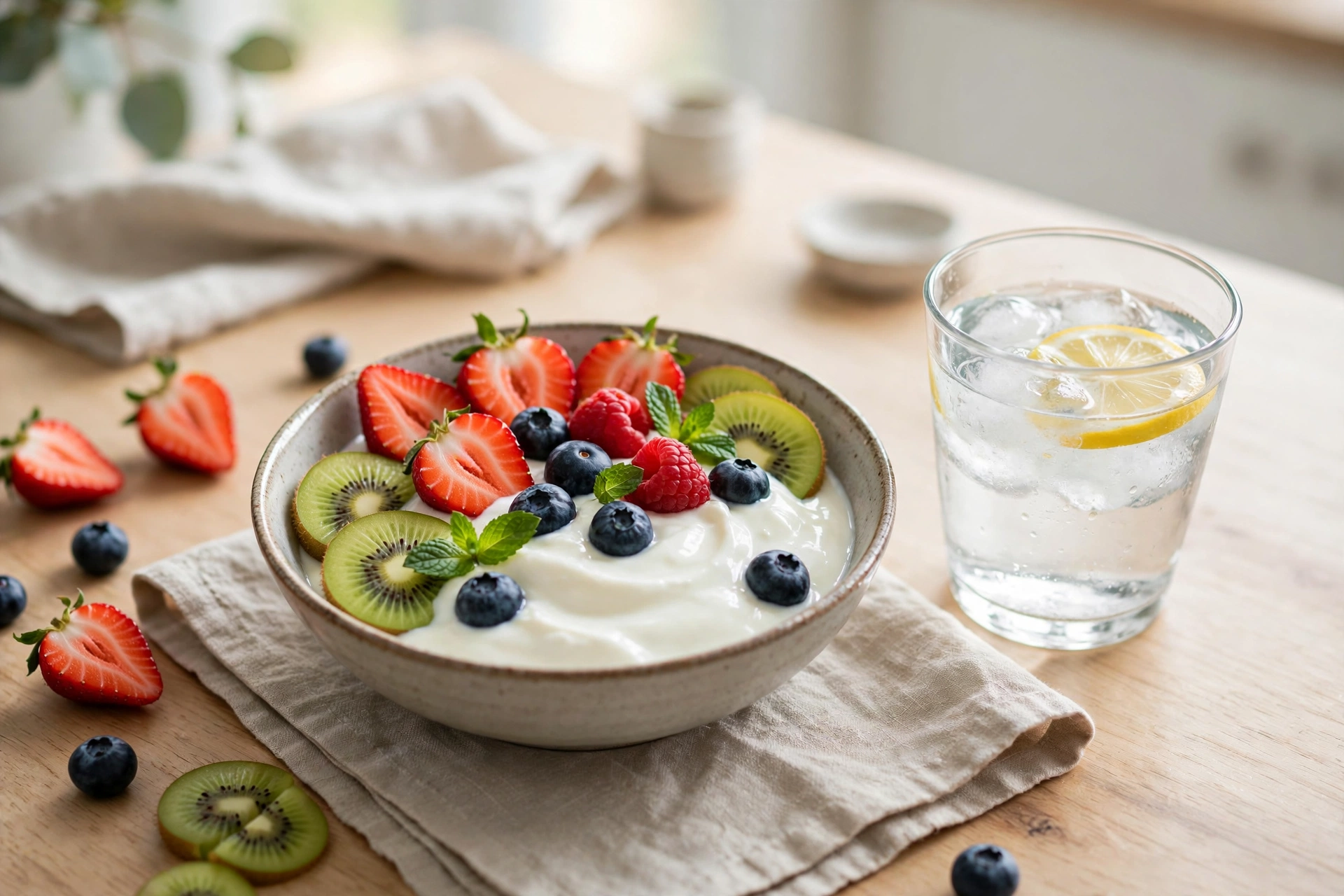 A bowl of plain yogurt with fresh fruit and a glass of water on a bright kitchen table