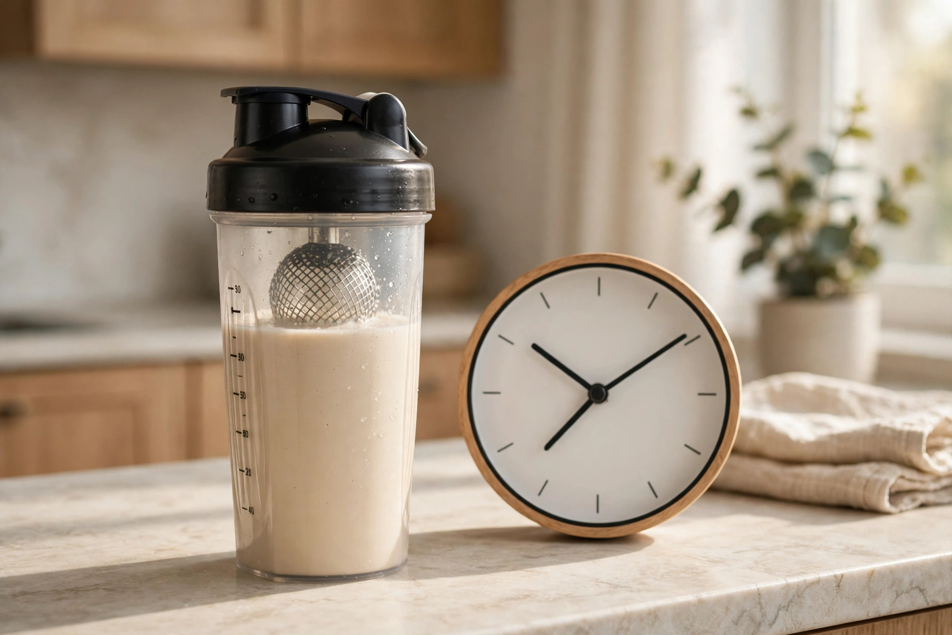 A protein shake in a shaker bottle beside a clock on a kitchen counter