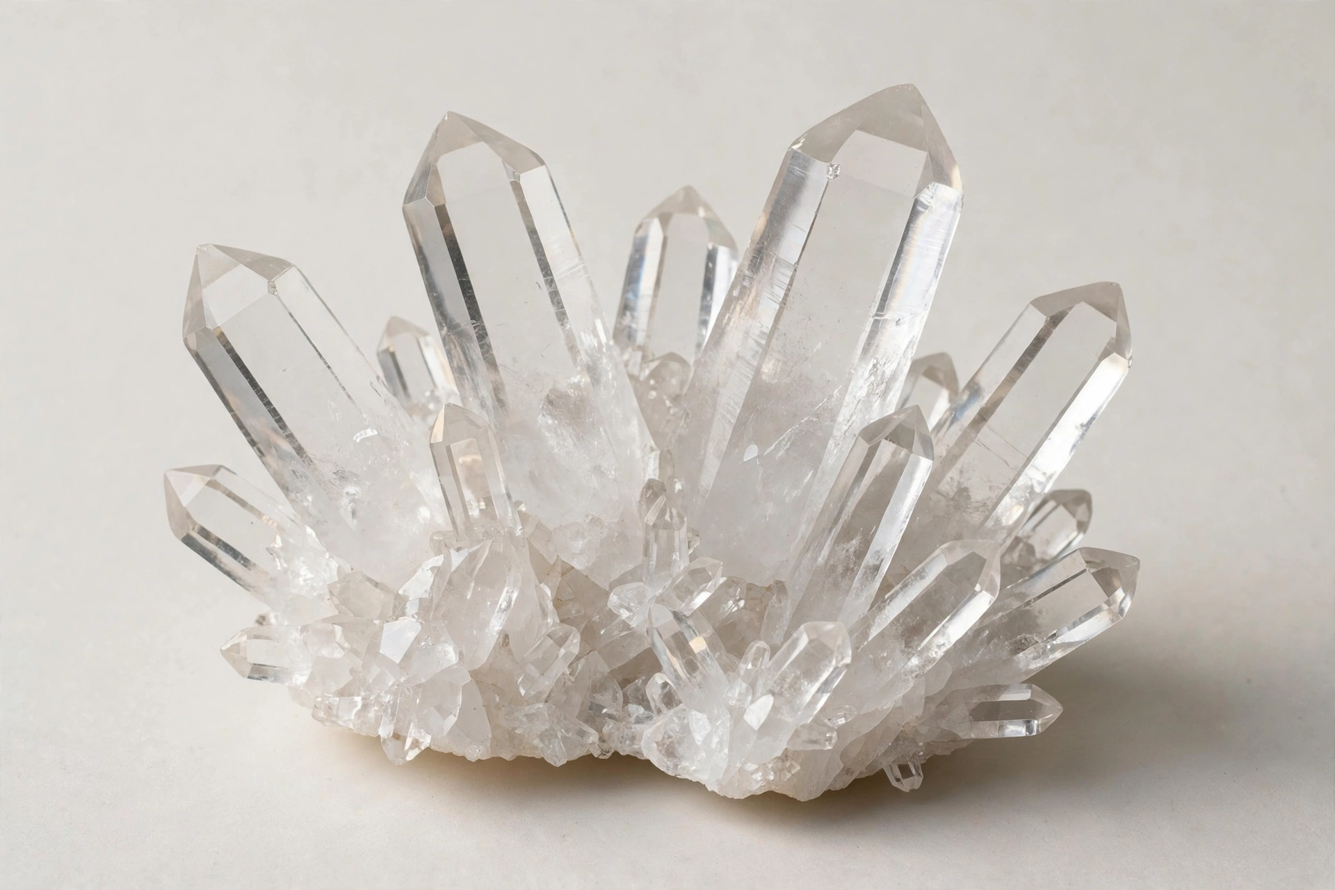 Clear quartz crystal cluster showing six-sided prisms