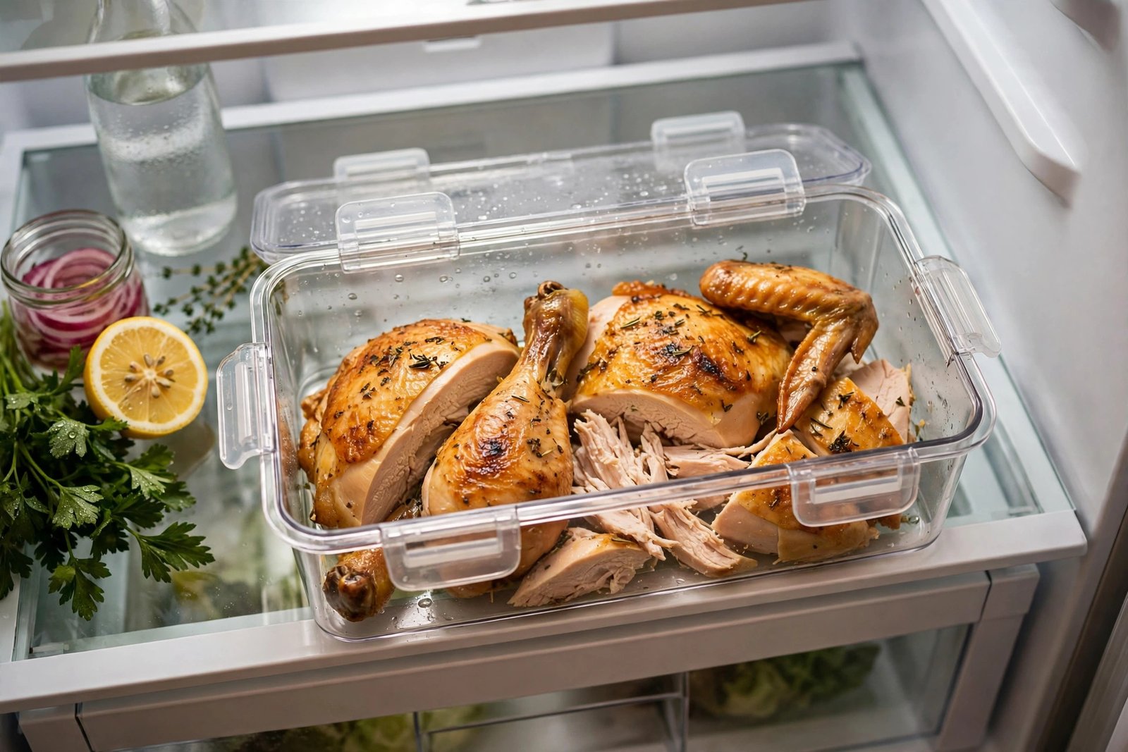 Rotisserie chicken pieces in a clear airtight container inside a refrigerator