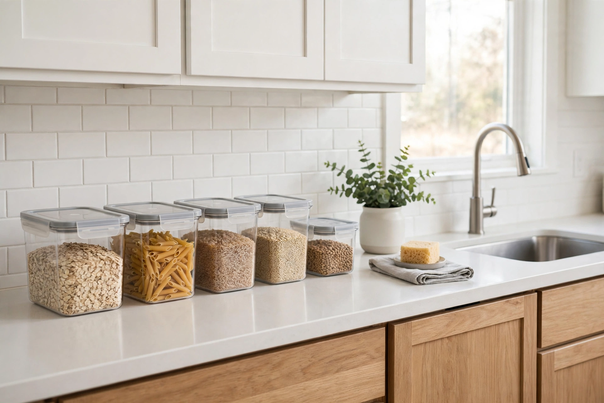 A bright tidy apartment kitchen with sealed food containers and a clean countertop, illustrating roach prevention in an apartment