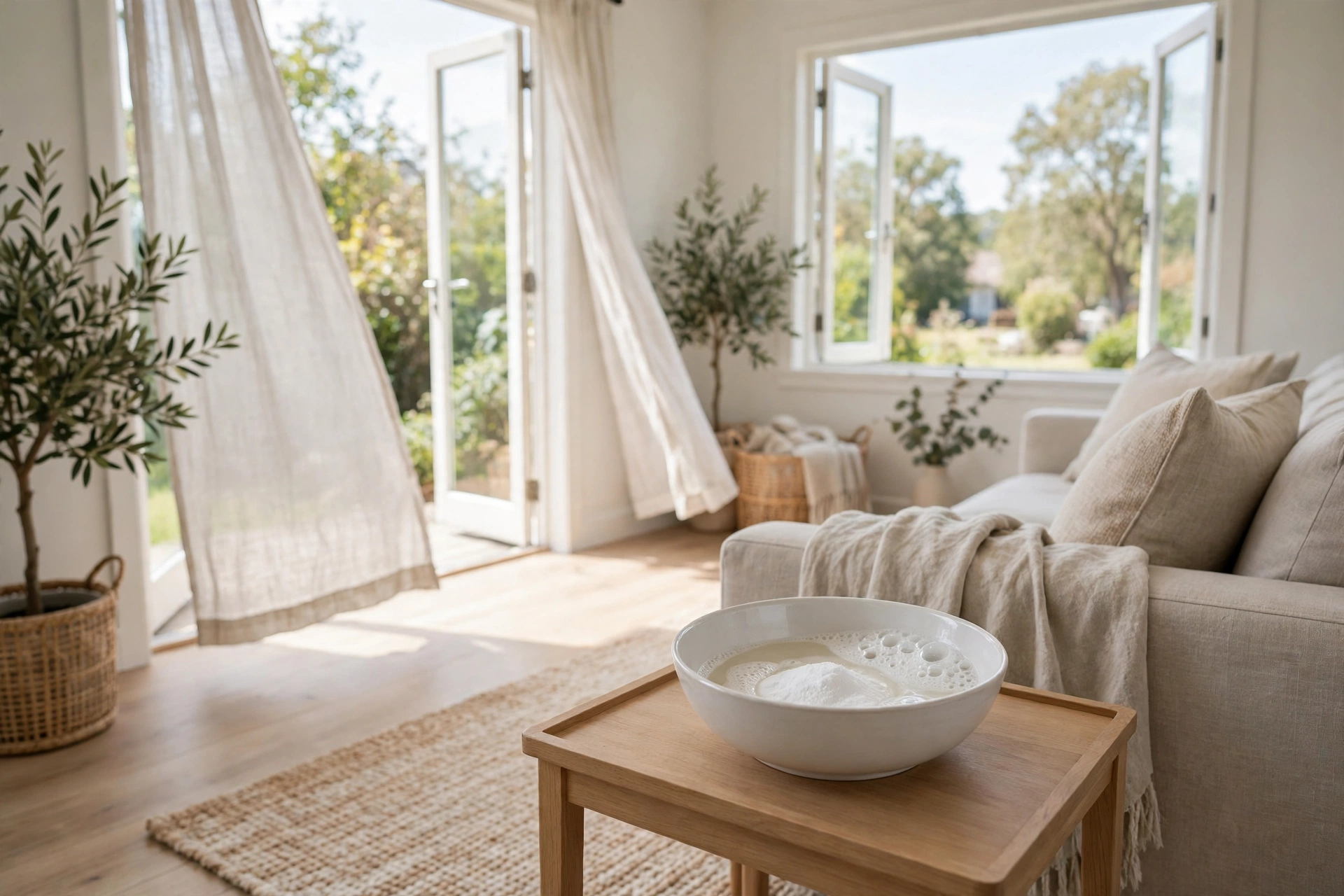 A bright living room with open windows and a bowl of cleaning solution on a table