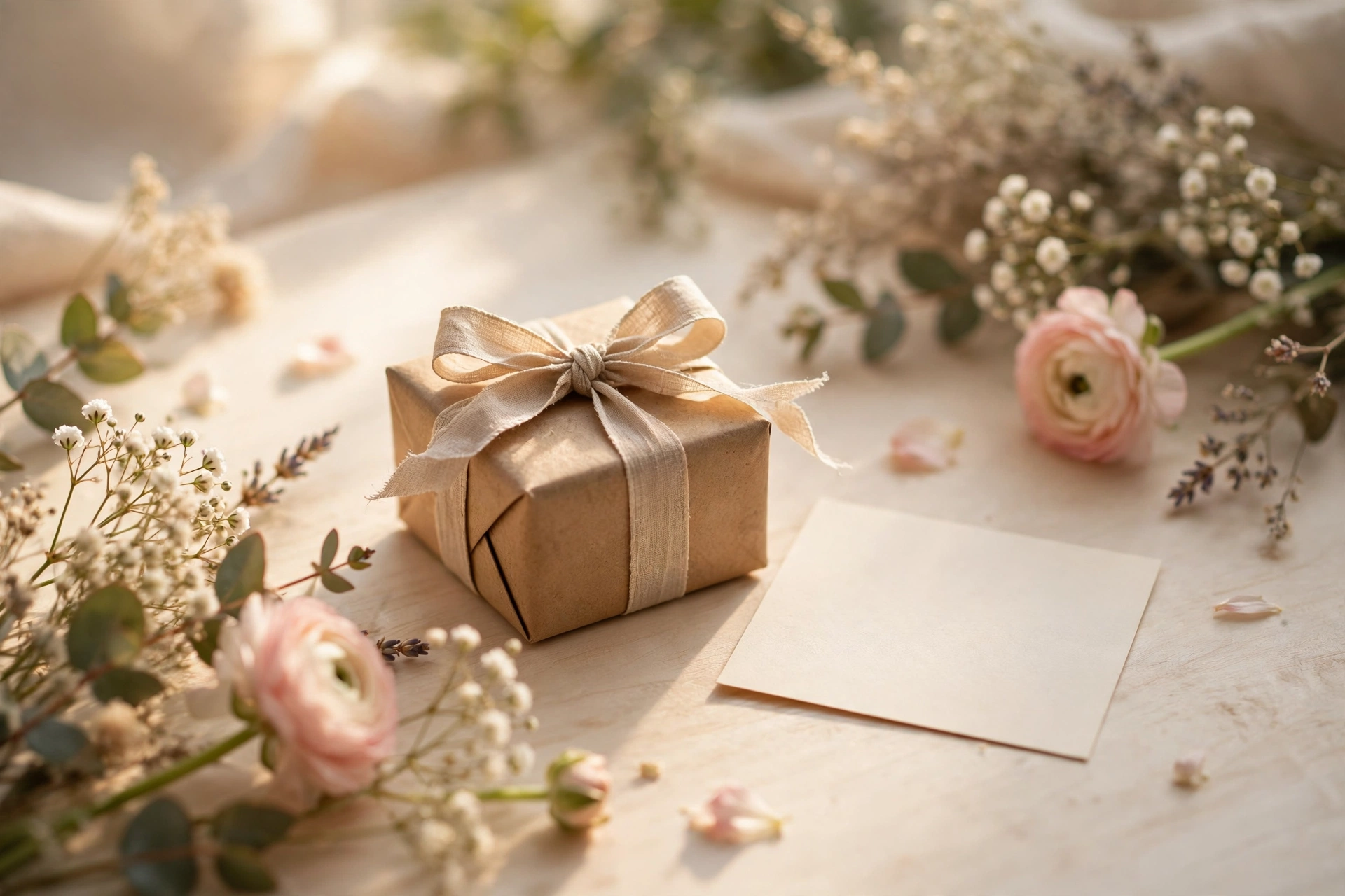 A small wrapped gift with a ribbon and a blank card on a bright table