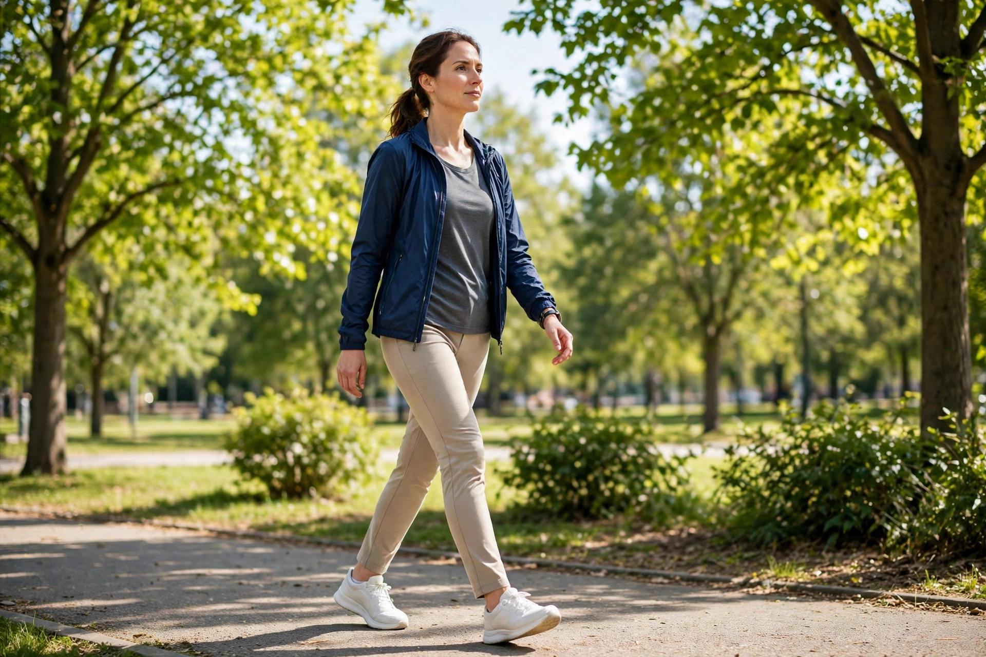 A person walking with good upright posture along a sunny park path in comfortable shoes