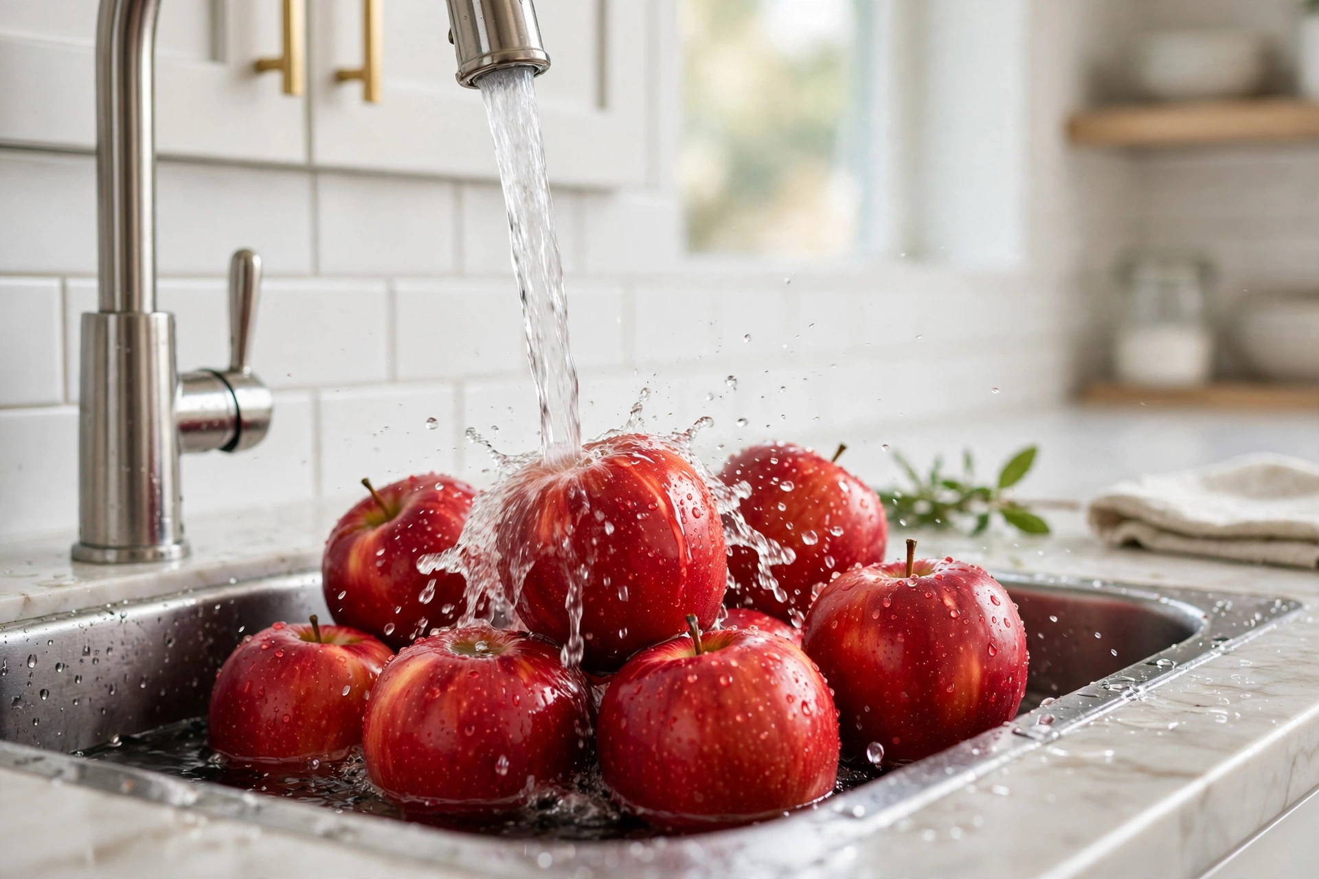 Fresh red apples being rinsed under running water in a kitchen sink