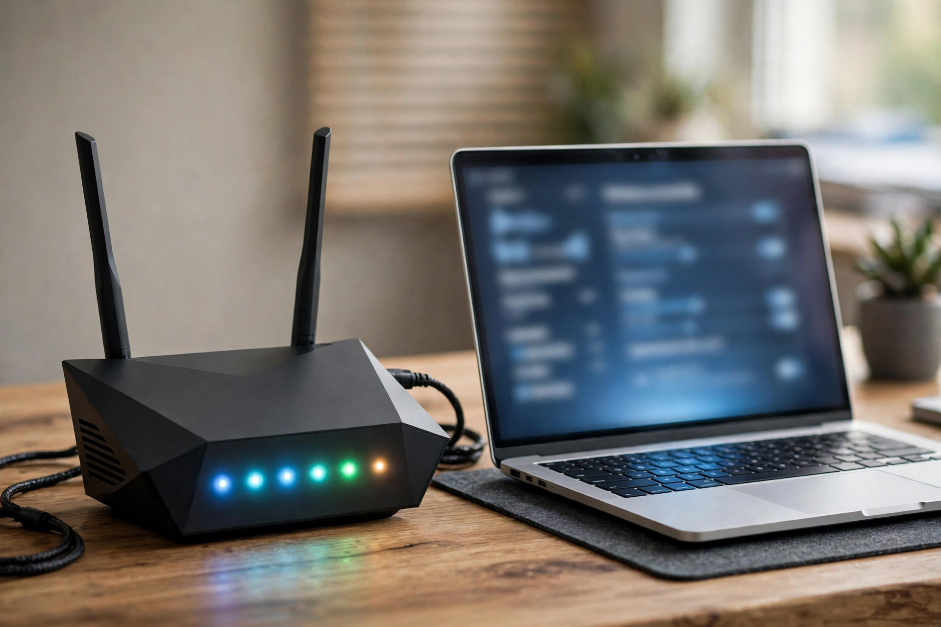 A home wifi router with glowing lights beside a laptop showing wireless settings on a wooden desk