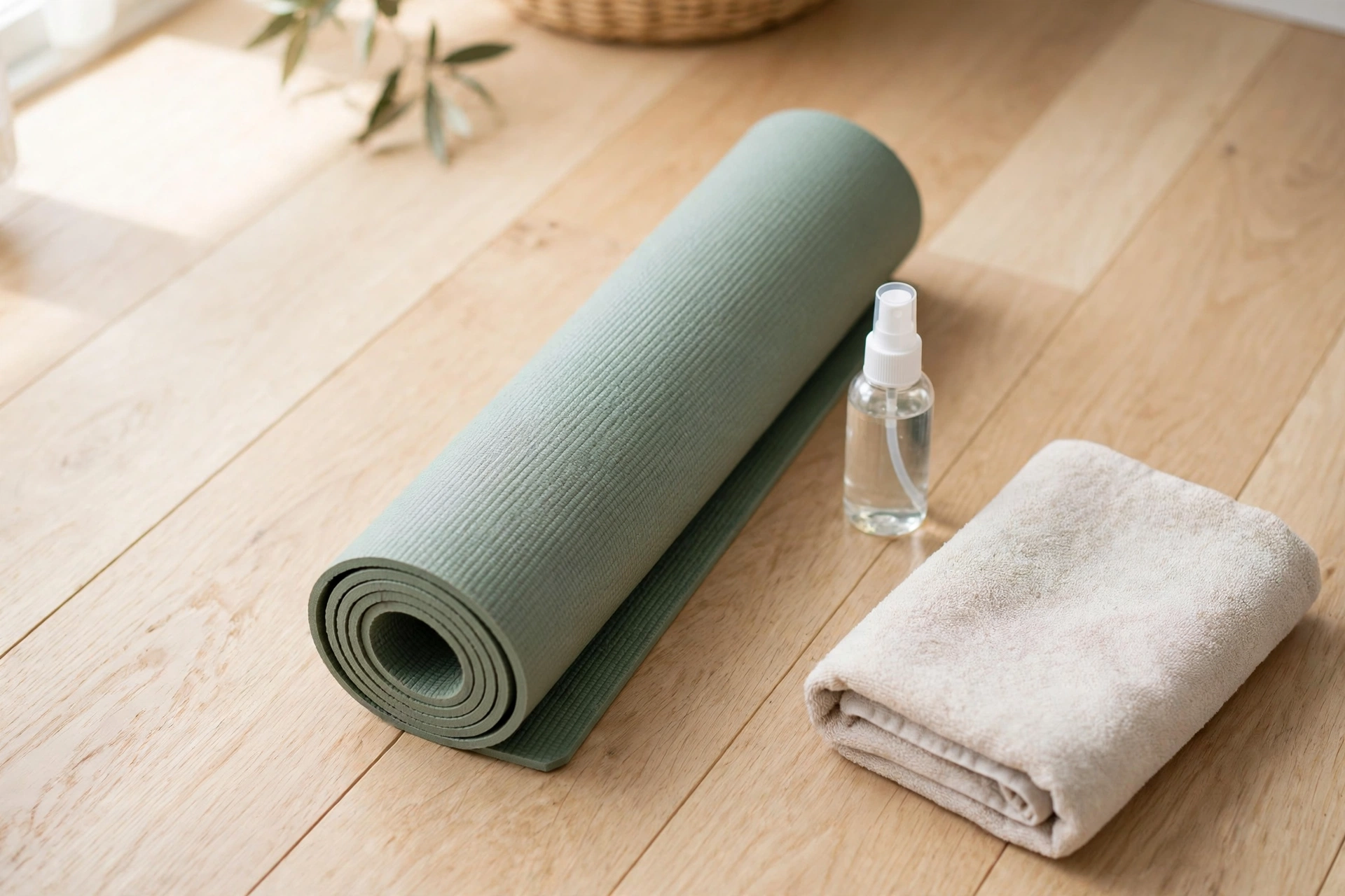 A rolled green yoga mat beside a spray bottle and a folded towel on a wooden floor